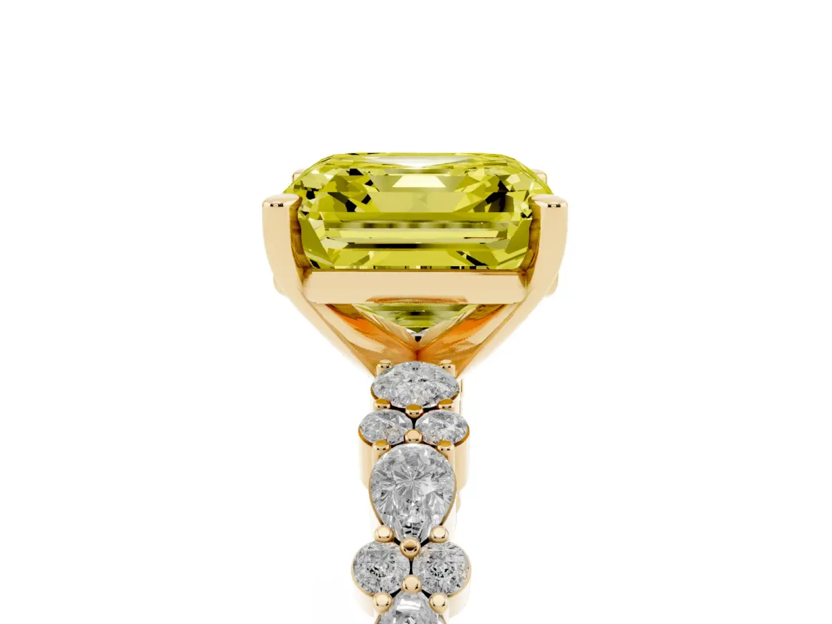 Fancy Yellow Asscher Cut Diamond Side Stone Solitaire Ring with Round and Four-Prong Setting Yellow gold