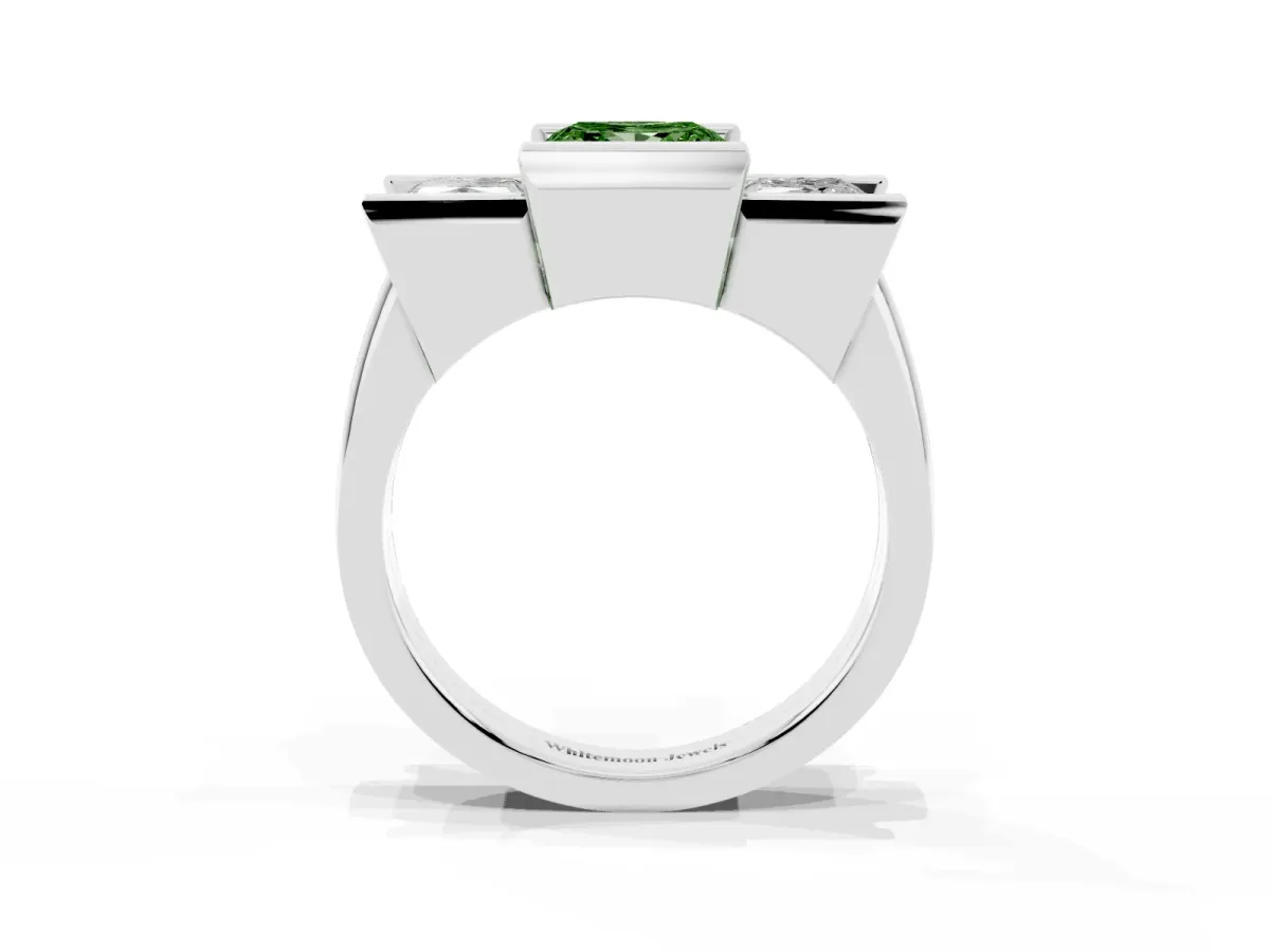 Fancy Green Three Stone Princess Cut Cut Channel Set Diamond Ring Silver