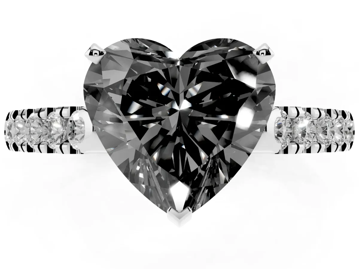 Fancy Black Heart Cut Diamond Pavé Band Solitaire Ring with Prong Setting Silver