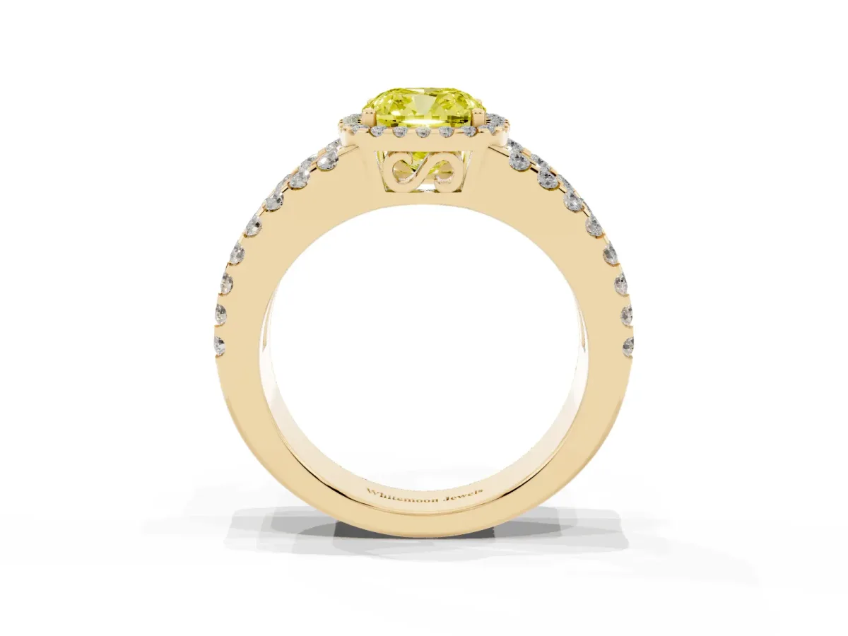 Fancy Yellow Cushion Cut Cut Halo Split Shank Diamond Ring with Four-Prong Setting Yellow gold