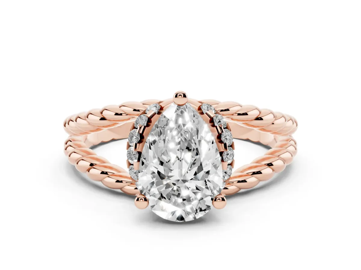 Pear Cut Halo Twisted Band Four-Prong Ring Rose gold