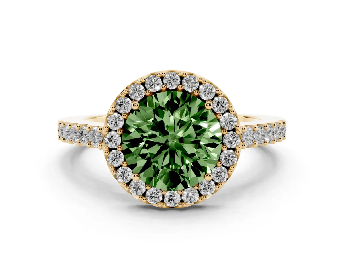 Fancy Green Round Cut Halo Diamond Pavé Solitaire Ring Yellow gold
