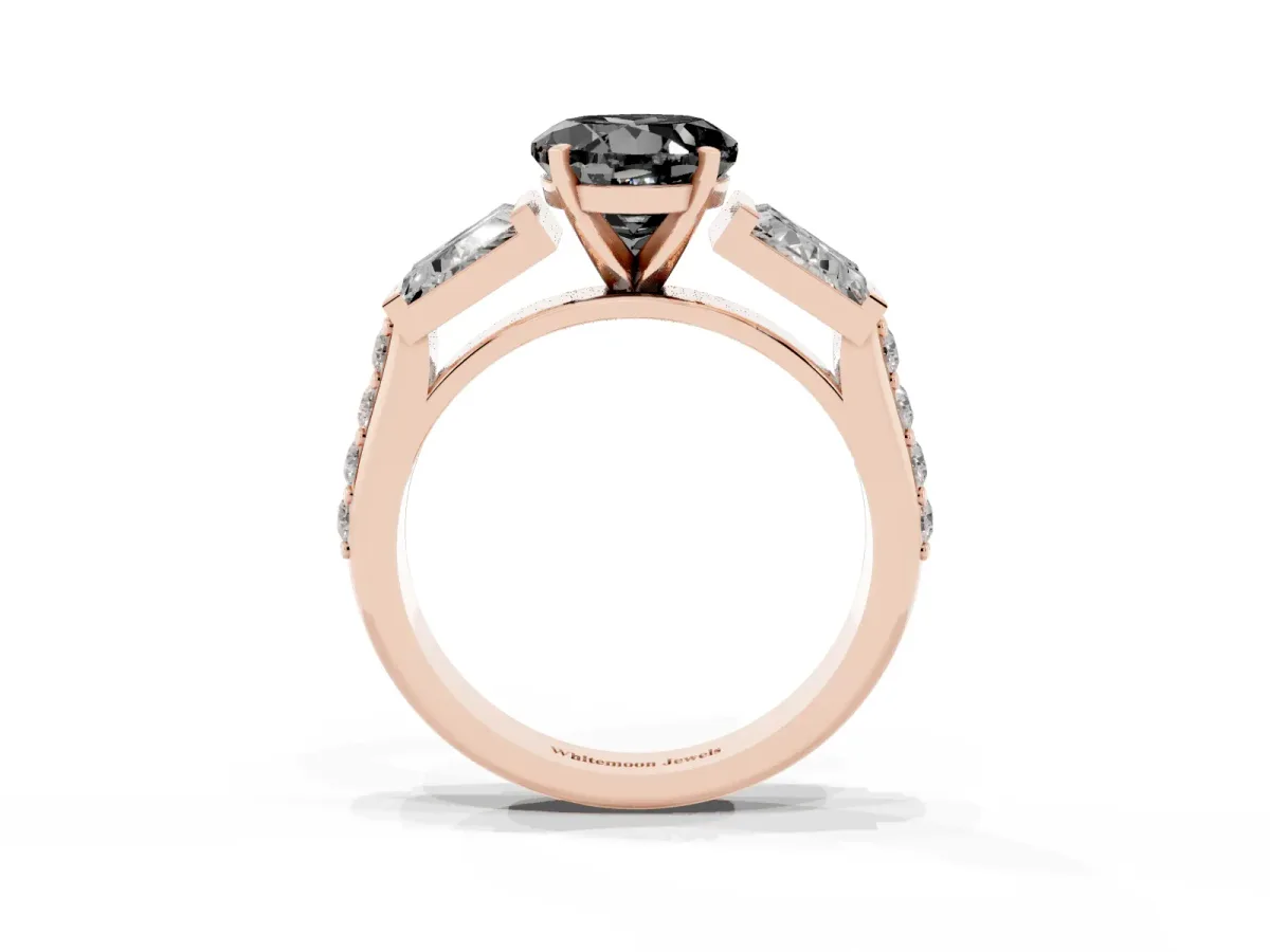 Fancy Black Round Cut Diamond Engagement Ring with Baguette Side Stones and Channel Set Band Rose gold