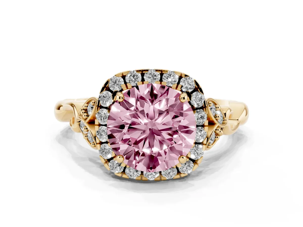 Fancy Pink Round Cut Halo Diamond Engagement Ring with Vintage-Inspired Band and Four-Prong Setting Yellow gold