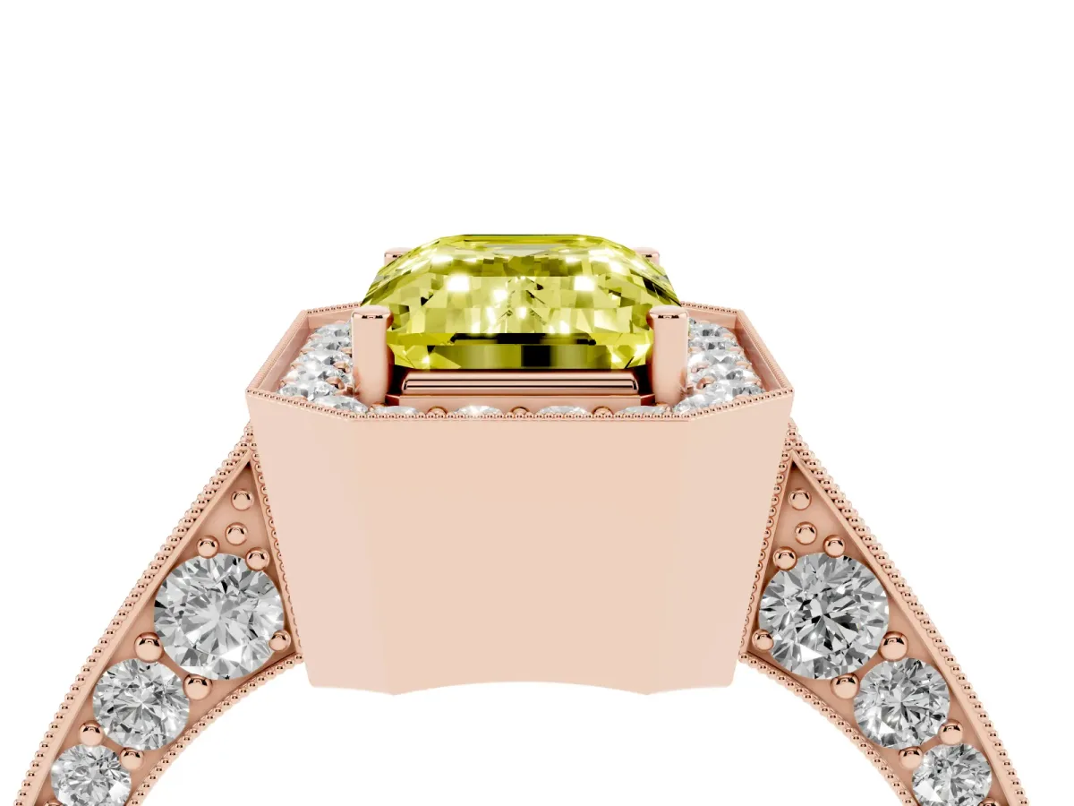 Fancy Yellow Emerald Cut Halo Diamond Engagement Ring with Split Shank Band and Four-Prong Setting Rose gold