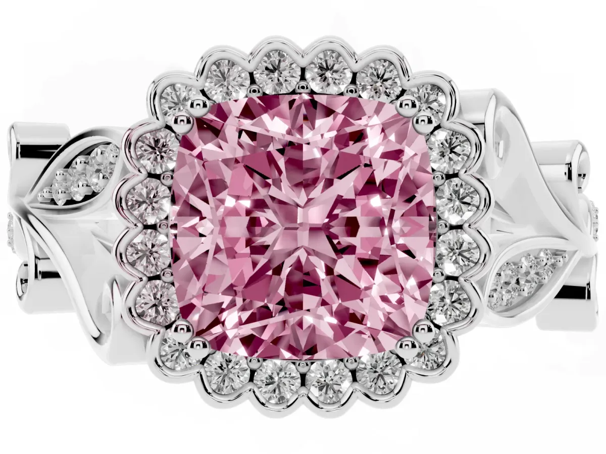 Fancy Pink Cushion Cut Diamond Halo Ring with Vintage Split Shank and Four-Prong Setting Silver