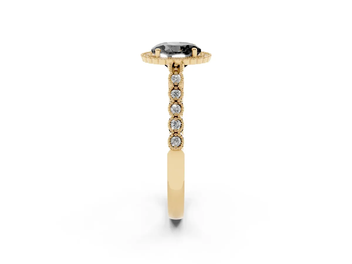 Fancy Black Round Cut Cut Halo Pavé Solitaire Ring with Milgrain Band Yellow gold
