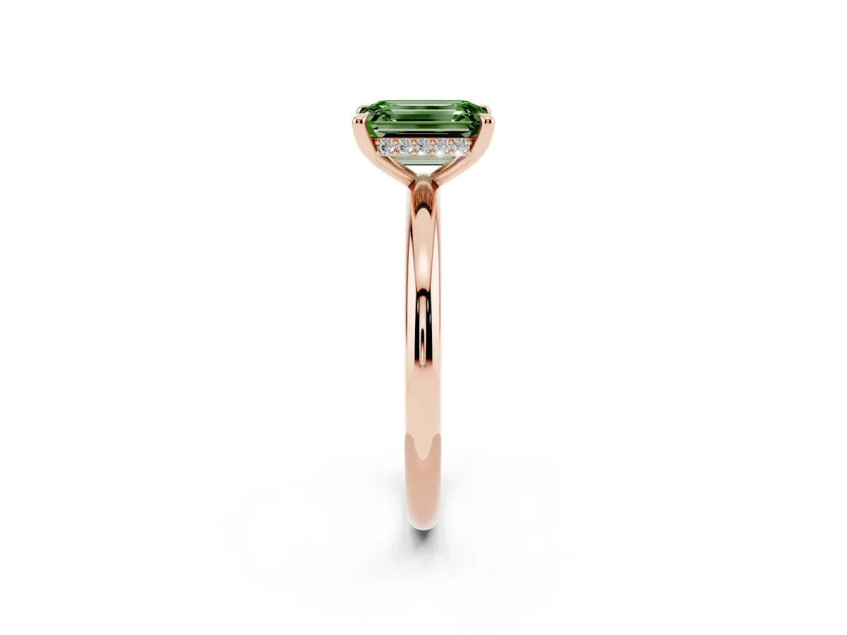 Fancy Green Emerald Cut Diamond Solitaire Ring with Thin Band and Four-Prong Setting Rose gold