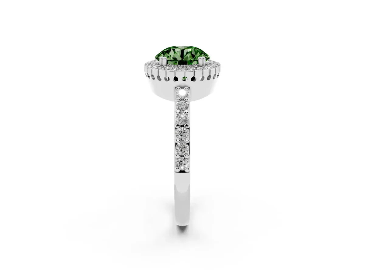Fancy Green Round Cut Cut Diamond Halo Engagement Ring with Milgrain Detail and Pavé Band Platinum
