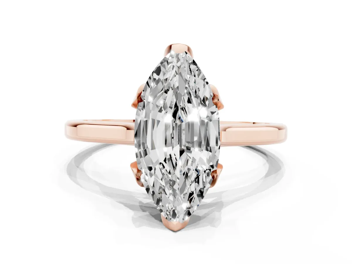Marquise Cut Diamond Solitaire Ring with Flower Prong Setting and Classic Band Rose gold