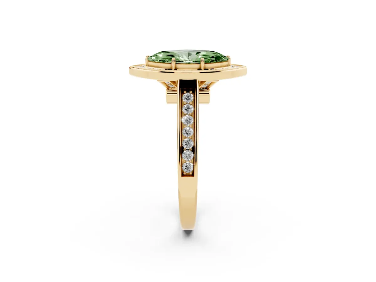 Fancy Green Marquise Cut Halo Solitaire Diamond Ring with Pave Band and Bezel Setting Yellow gold