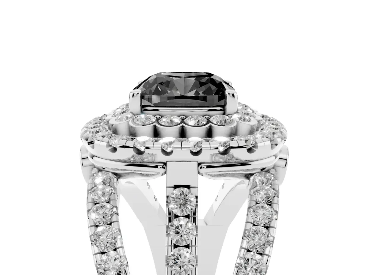 Fancy Black Cushion Cut Diamond Double Halo Ring with Round Pavé Split Shank and Prong Setting Silver