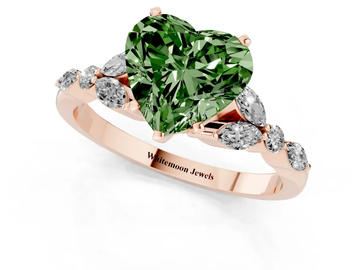 Fancy Green Heart Cut Diamond Solitaire Ring with Side Stones and Four-Prong Setting Rose gold
