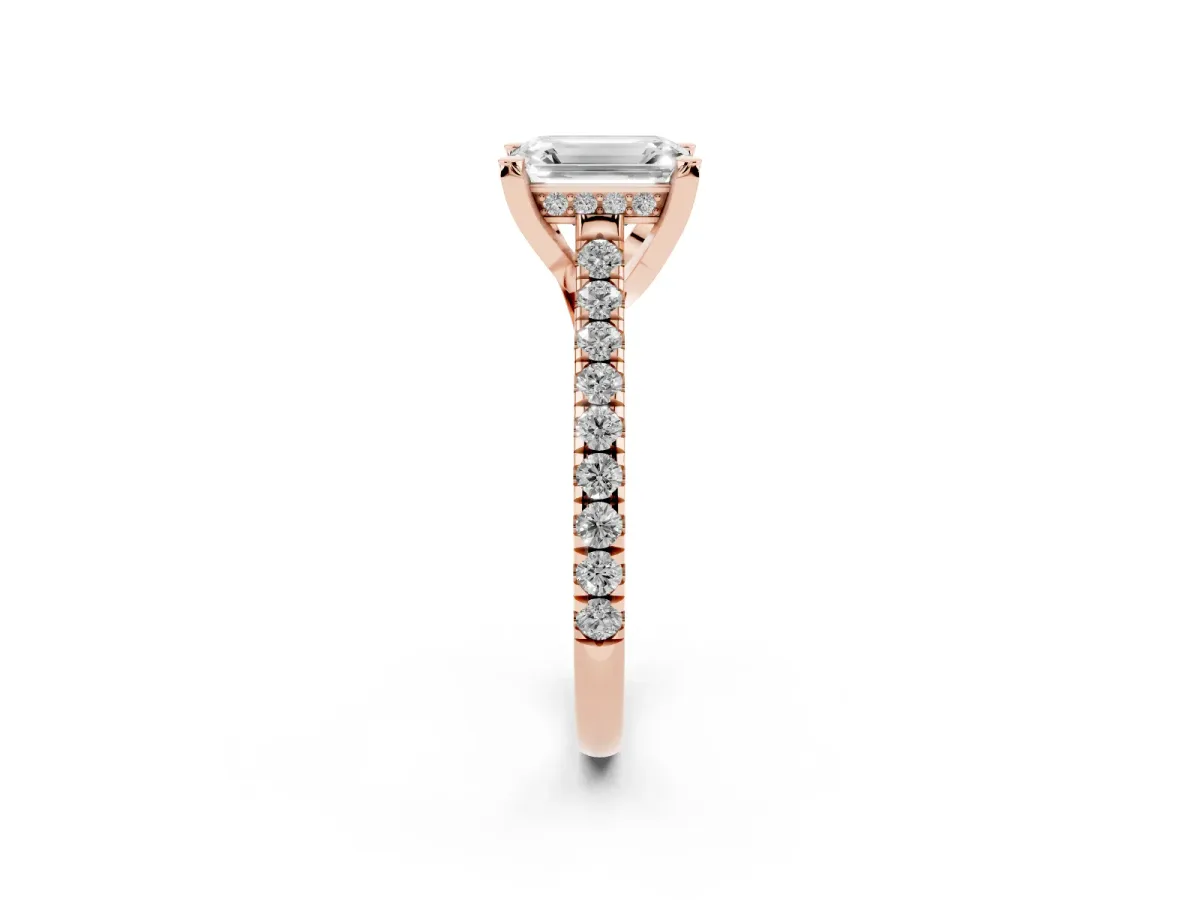 Emerald Cut Brilliant Diamond Solitaire with Pavé Band and Four-Prong Setting Rose gold