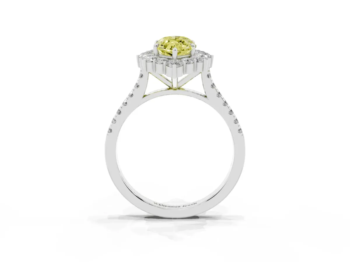 Fancy Yellow Marquise Cut Halo Diamond Ring with Pavé Band and Prong Setting White gold
