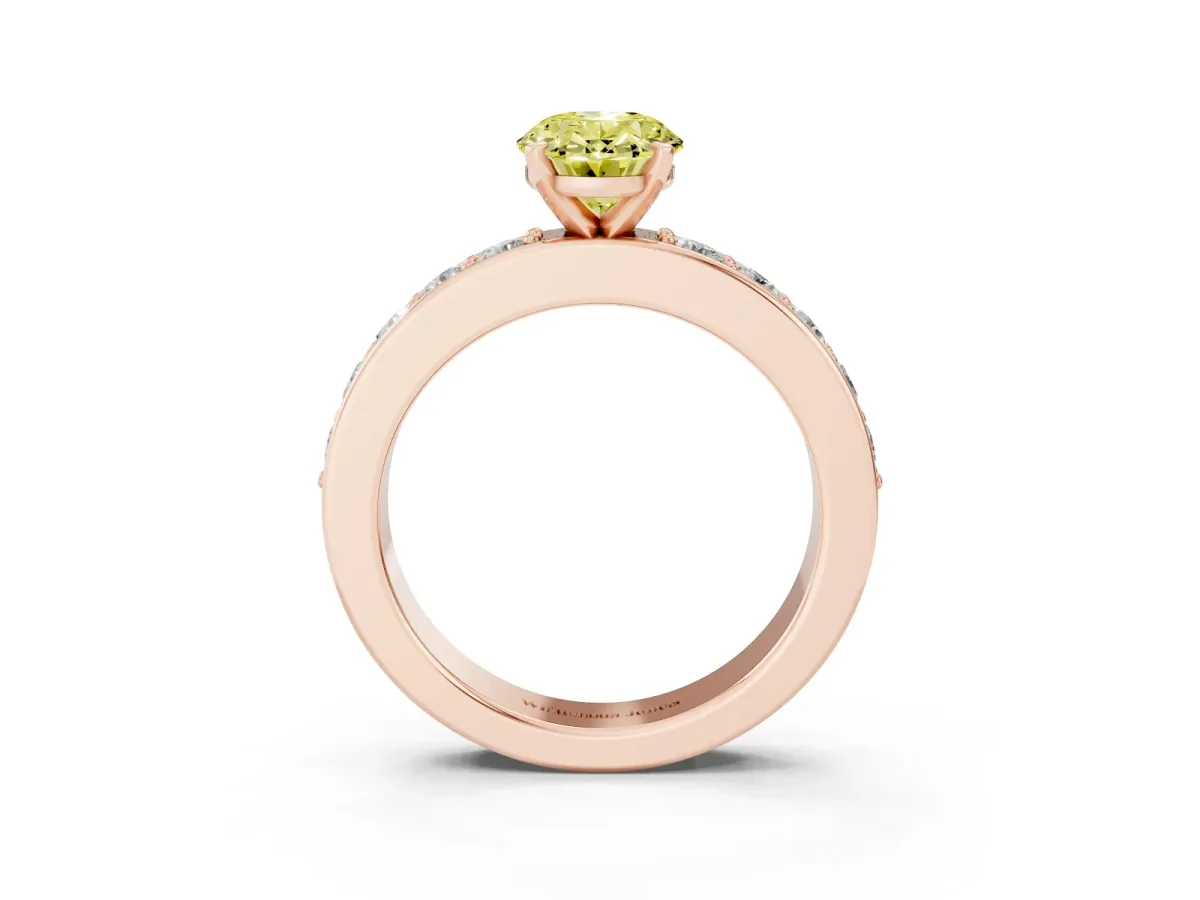 Fancy Yellow Oval Cut Diamond Engagement Ring with Channel Set Round Band and Prong Setting Rose gold