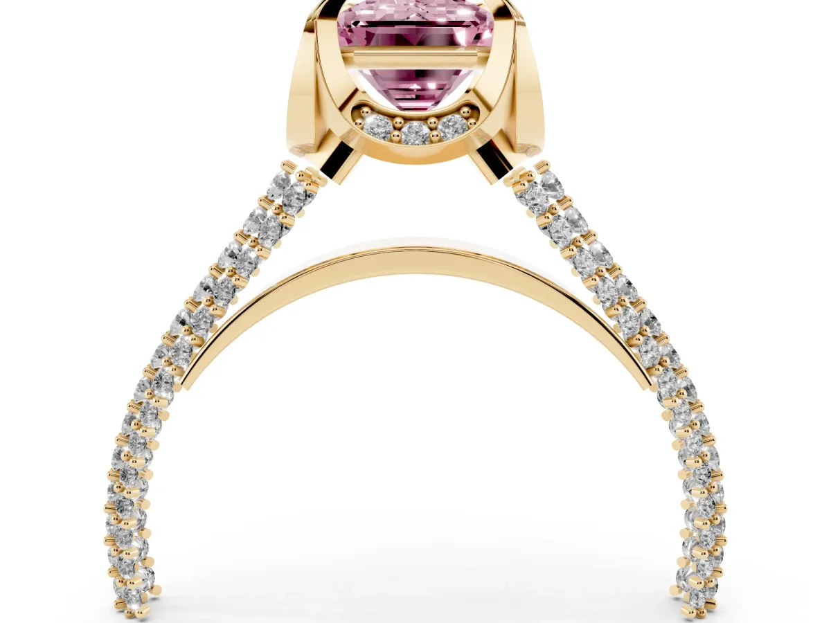Fancy Pink Emerald Cut Solitaire Pave Split Shank Ring with Four-Prong Setting Yellow gold