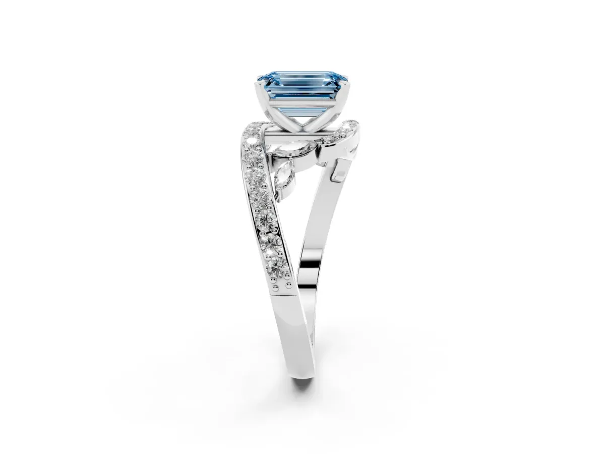 Fancy Blue Emerald Cut Solitaire with Pavé Twist Band and Four-Prong Setting Silver