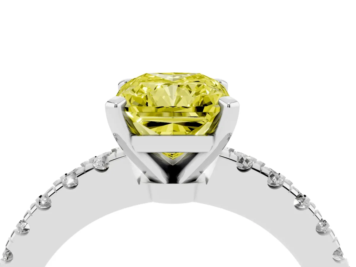 Fancy Yellow Radiant Cut Solitaire Diamond with Pavé Band and Four-Prong Setting White gold