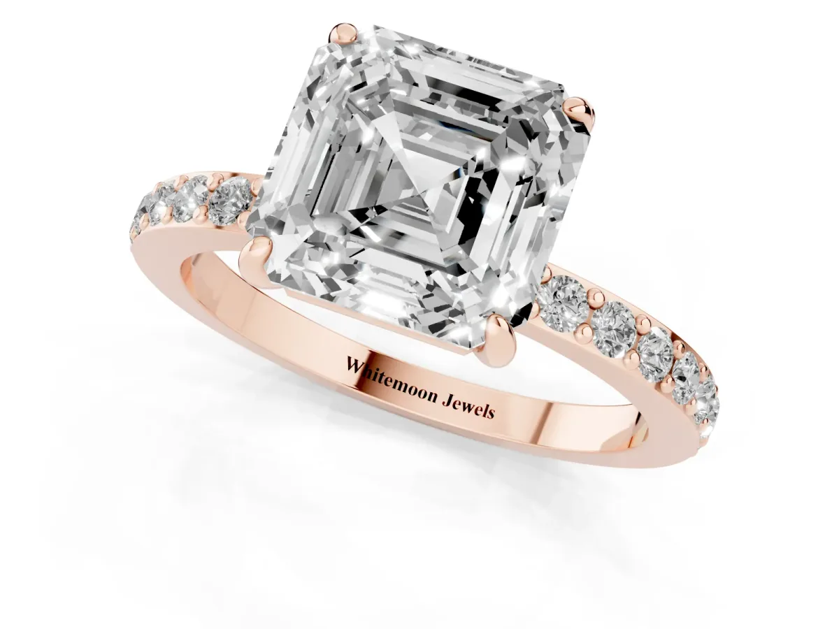 Asscher Cut Diamond Pavé Engagement Ring with Round Accents and Prong Setting Rose gold