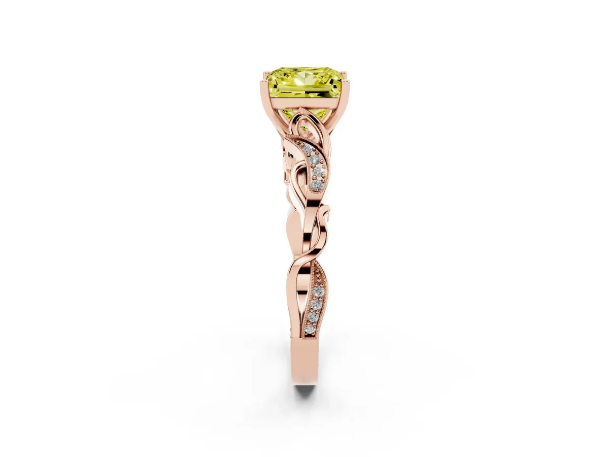 Fancy Yellow Princess Cut Solitaire Vine Band with Milgrain Prong Setting Rose gold