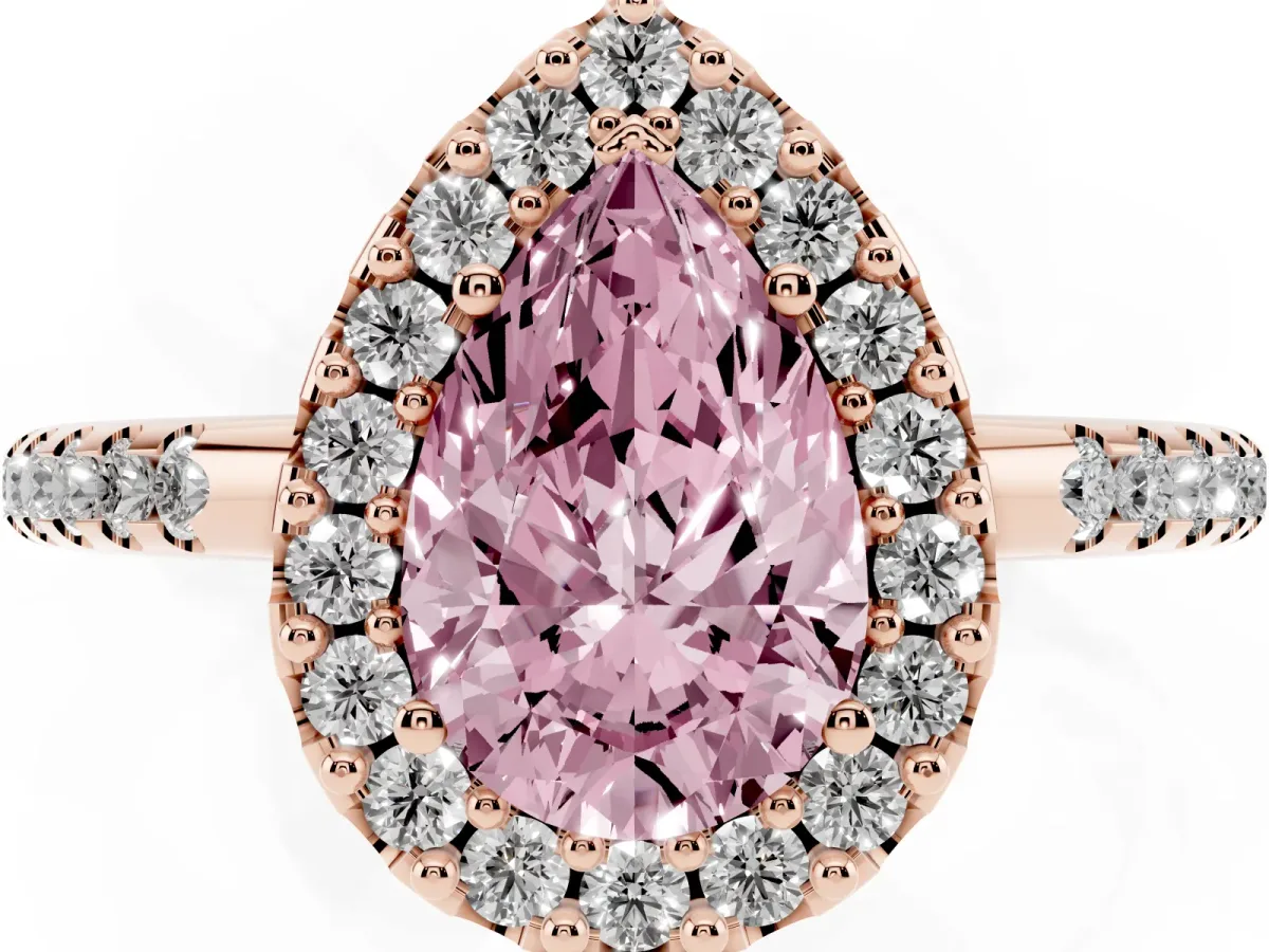 Fancy Pink Pear Cut Diamond Pavé Halo Ring with Four-Prong Setting Rose gold