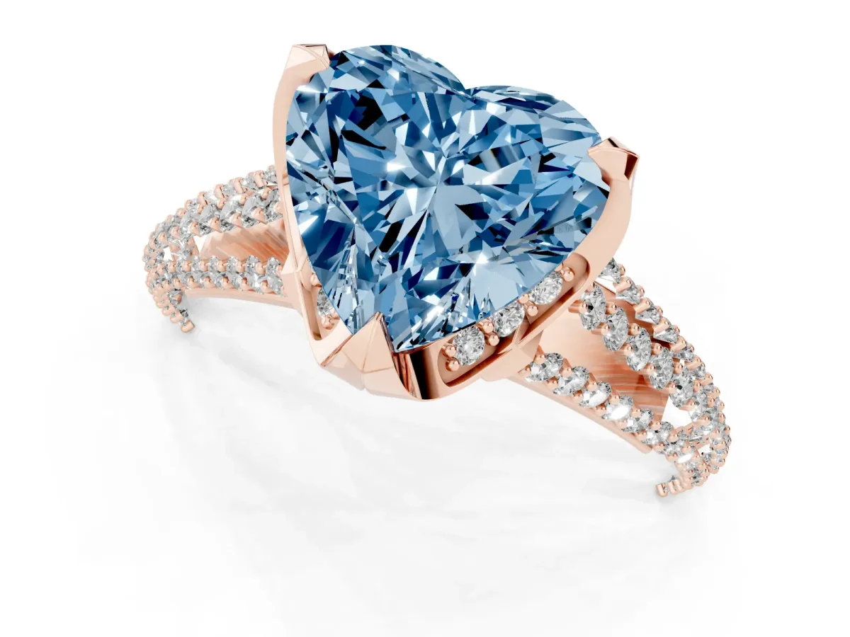 Fancy Blue Heart Cut Solitaire Pave Split Shank Ring with Four-Prong Setting Rose gold