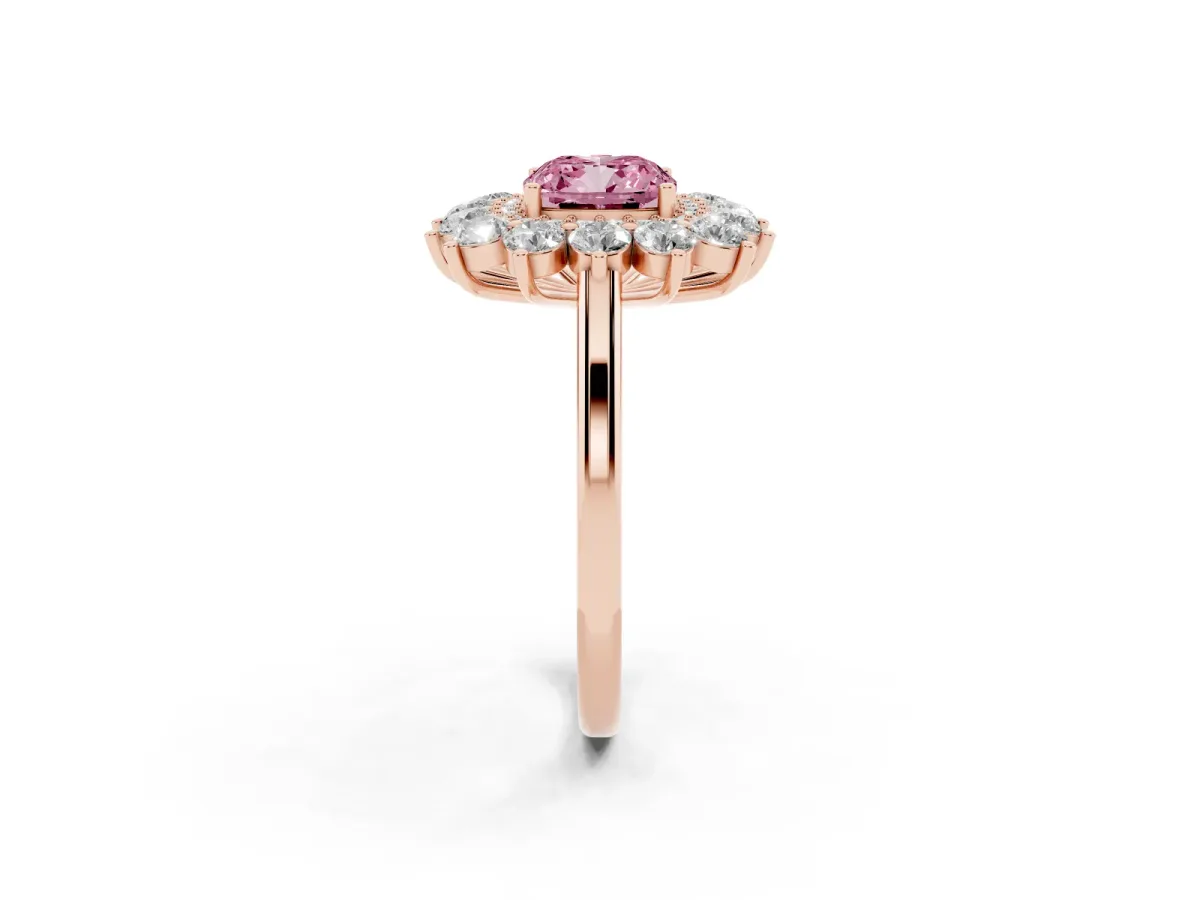 Fancy Pink Cushion Cut Diamond Floral Double Halo Engagement Ring with Prong Setting Rose gold