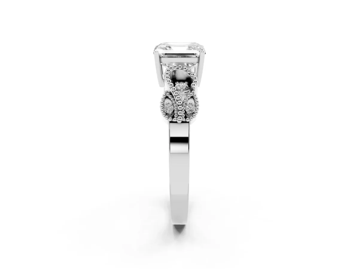 Asscher Cut Solitaire Milgrain Leaf Band with Prong Setting White gold