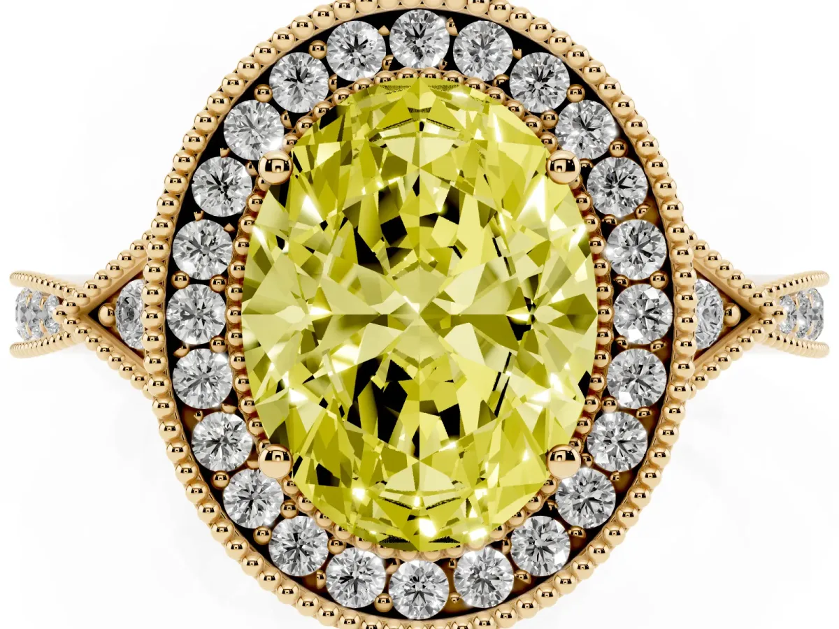 Fancy Yellow Oval Cut Halo Round Diamond Milgrain Pave Engagement Ring Yellow gold