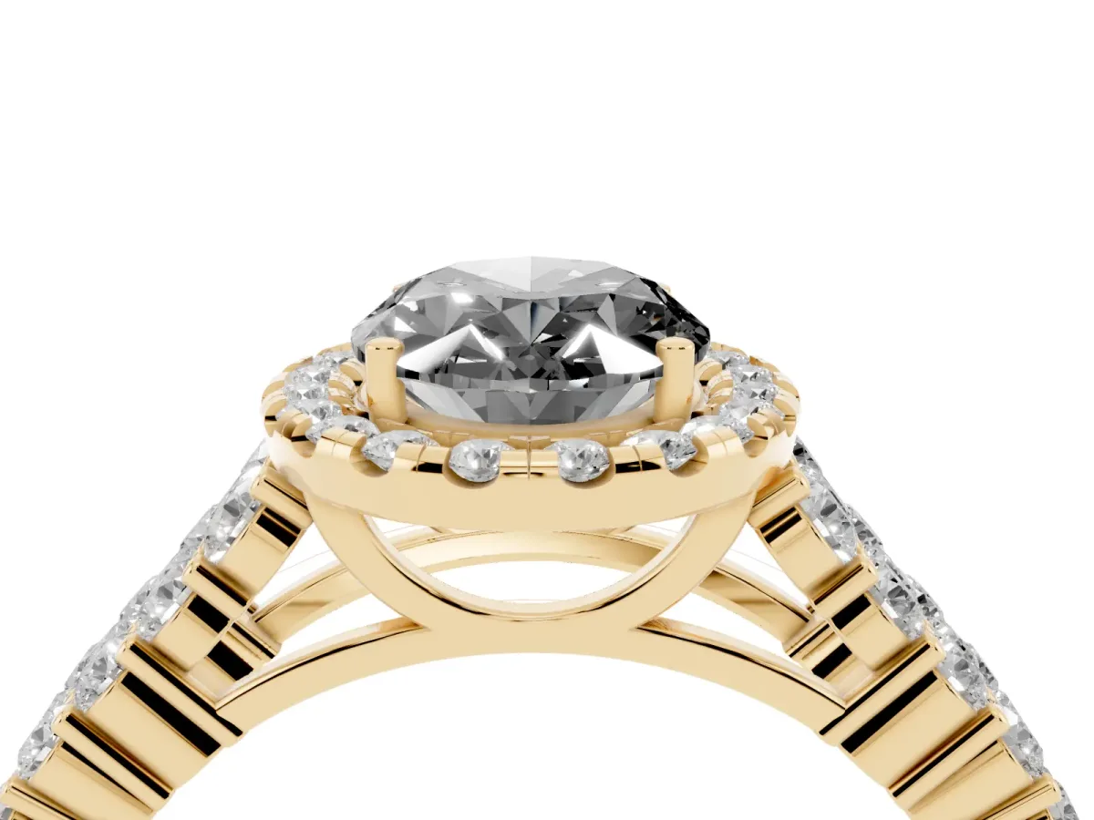 Fancy Black Oval Cut Diamond Halo Engagement Ring with Triple Row Round Pavé Band and Prong Setting Yellow gold
