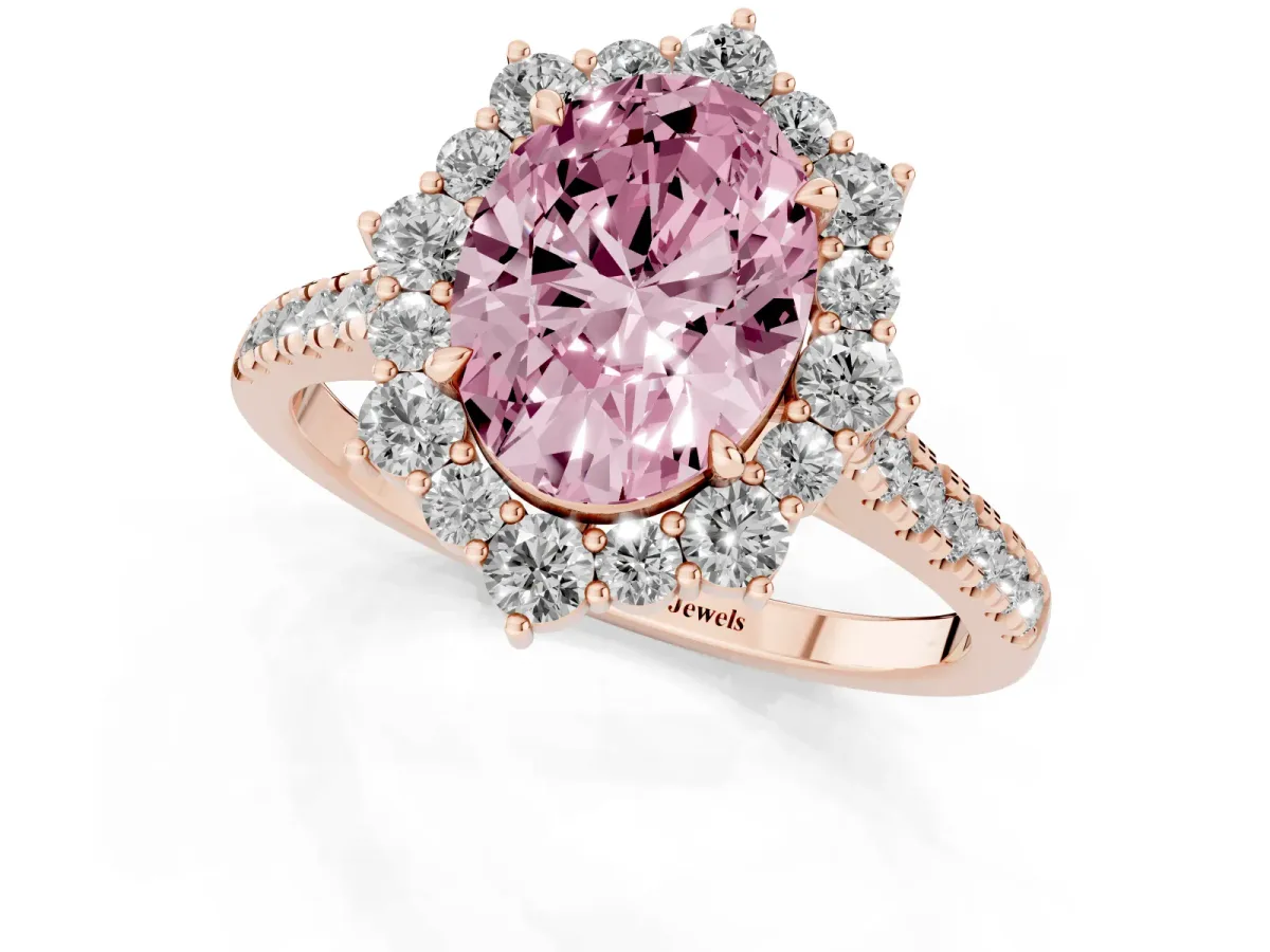 Fancy Pink Oval Cut Halo Diamond Ring with Pavé Band and Prong Setting Rose gold