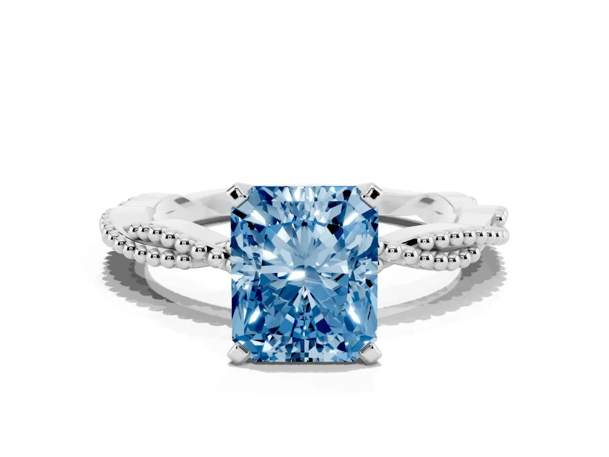 Fancy Blue Radiant Cut Solitaire Twisted Band with Bead Prong Setting Platinum