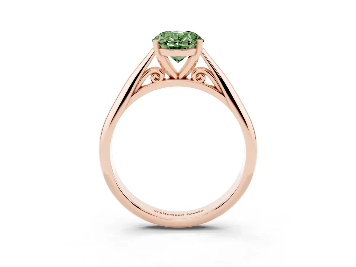Fancy Green Oval Cut Diamond Solitaire Engagement Ring with Cathedral Setting and Four-Prong Mount Rose gold
