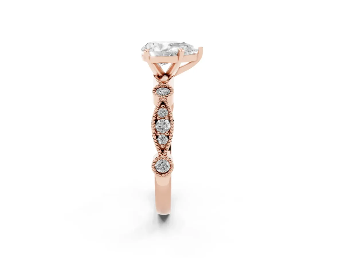 Pear Cut Milgrain Bezel Diamond Engagement Ring with Solitaire Prong Setting Rose gold