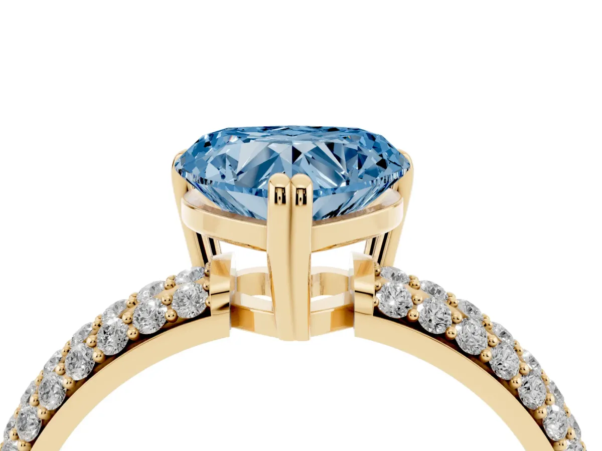 Fancy Blue Heart Cut Diamond Solitaire Ring with Multi-Row Round Pavé Band and Prong Setting Yellow gold