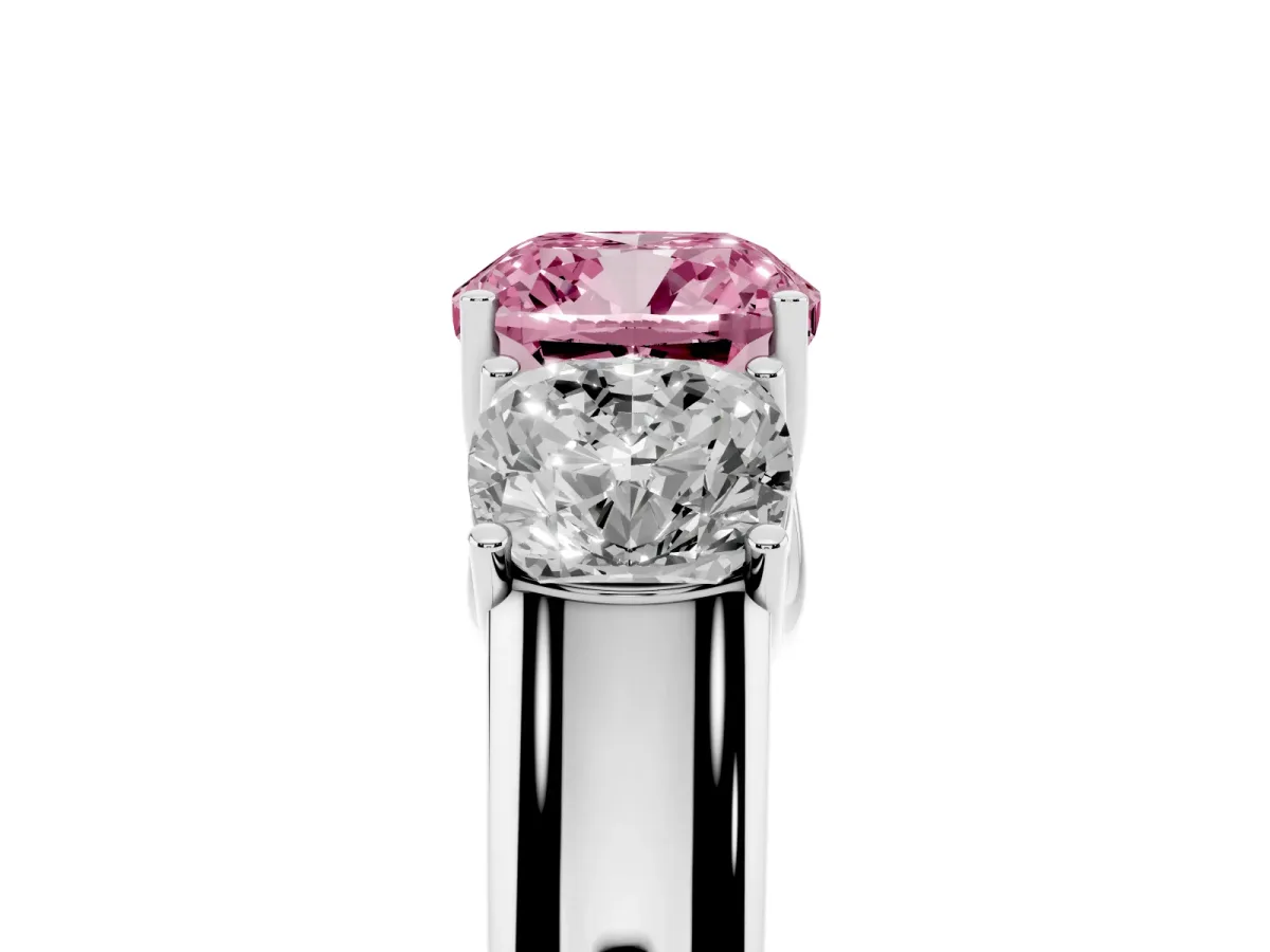 Fancy Pink Three-Stone Cushion Cut Cut Diamond Ring with Prong Setting and Classic Band Platinum