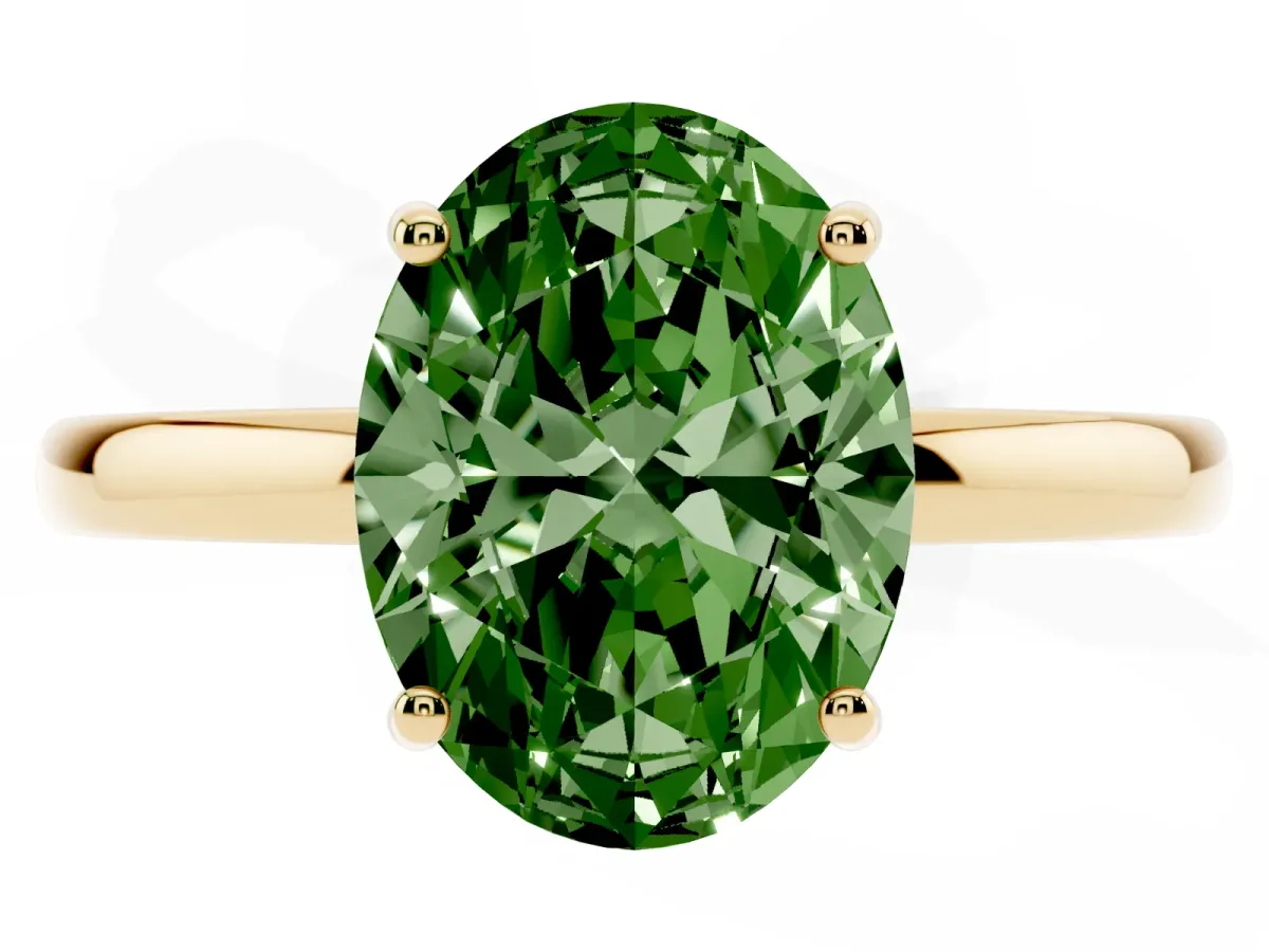 Fancy Green Oval Cut Solitaire Diamond Ring with Prong Setting and Plain Band Yellow gold