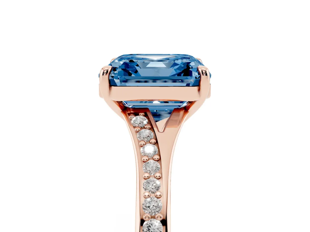 Fancy Blue Asscher Cut Diamond Solitaire Ring with Pavé Band and Prong Setting Rose gold