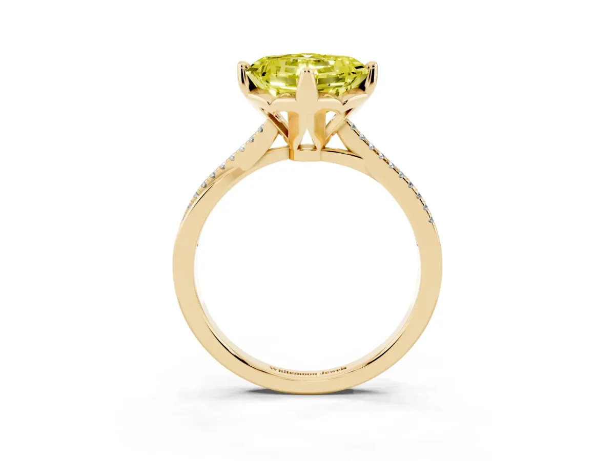 Fancy Yellow Asscher Cut Solitaire Twist Band with Pavé Diamonds and Four-Prong Setting Yellow gold