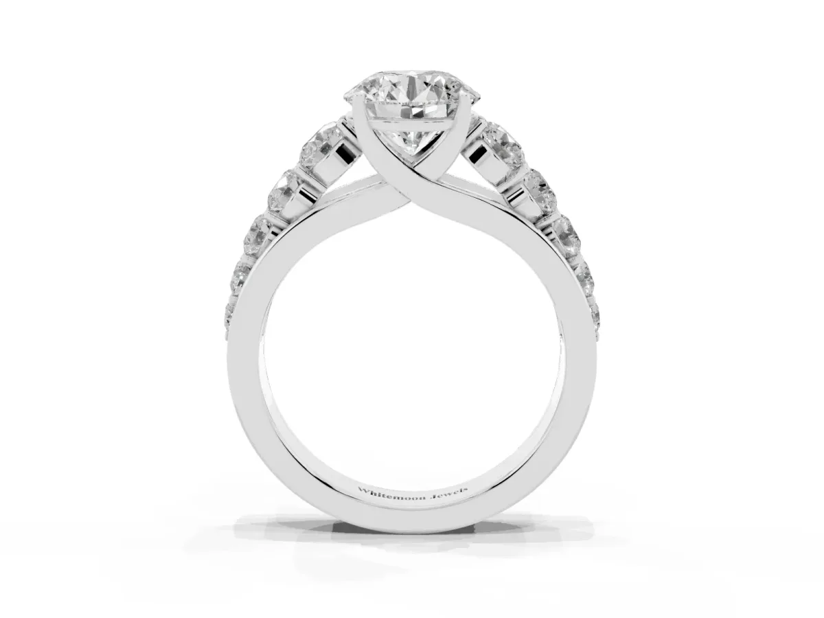 Round Cut Brilliant Diamond Pavé Band with Six-Prong Setting Silver