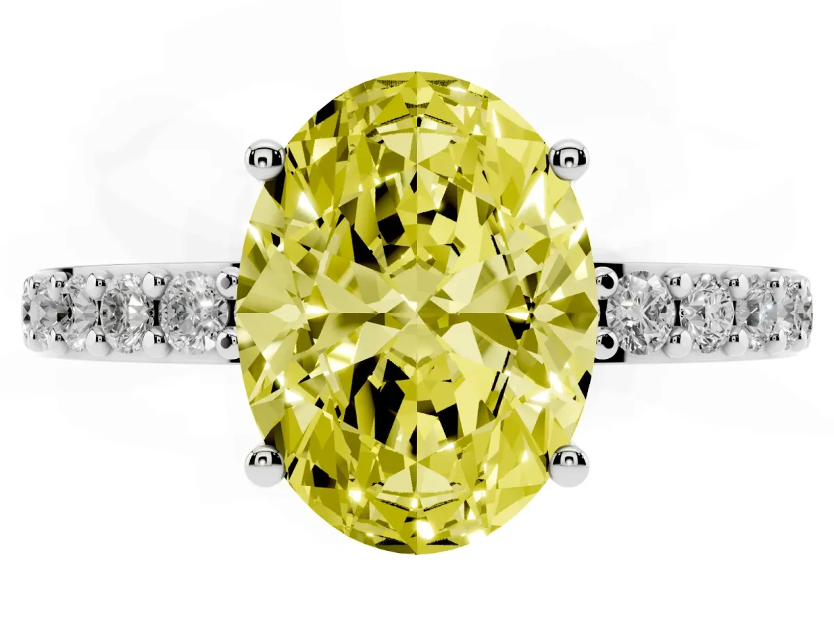 Fancy Yellow Oval Cut Cut Diamond Solitaire with Pave Band and Four-Prong Setting Silver