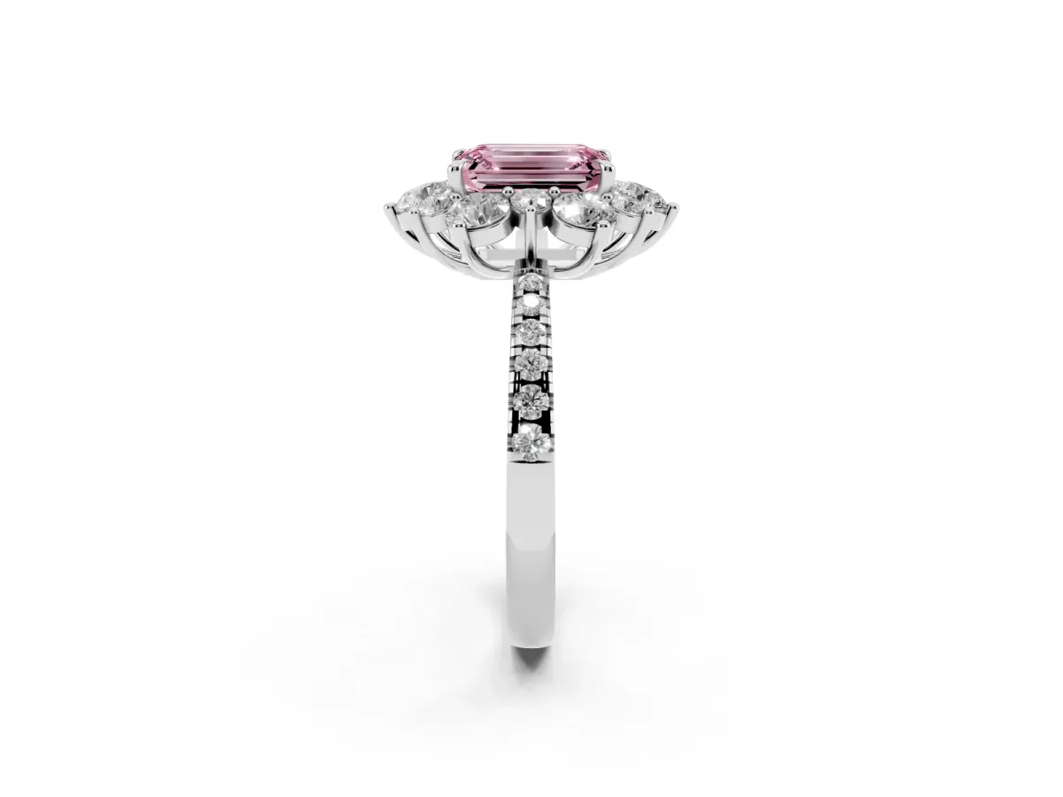 Fancy Pink Emerald Cut Diamond Floral Halo Ring with Round Pavé Band and Prong Setting Platinum