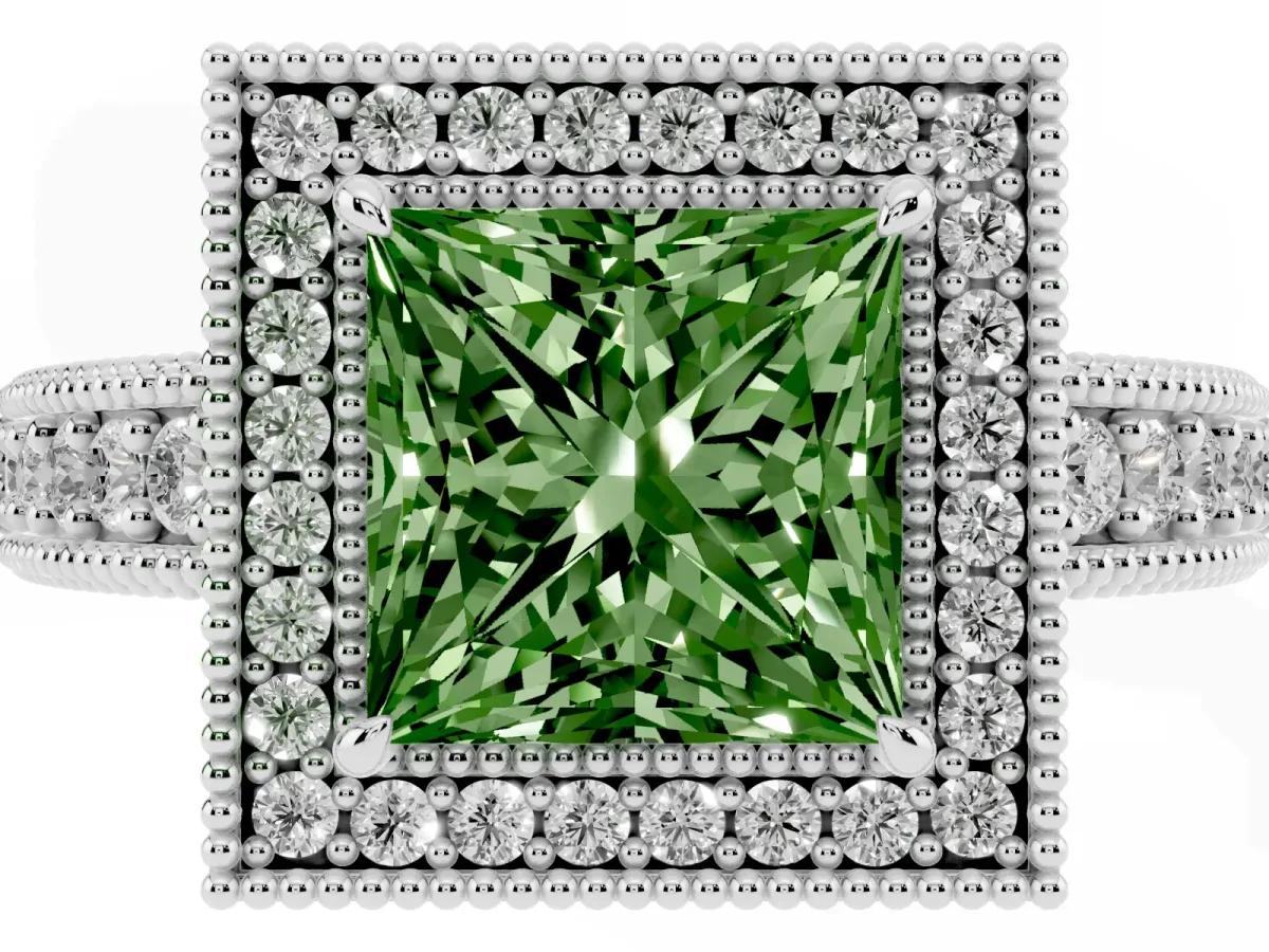 Fancy Green Princess Cut Cut Halo Diamond Ring with Pavé Band and Four-Prong Setting Silver