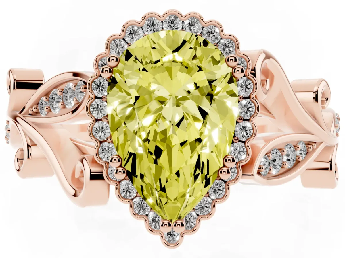 Fancy Yellow Pear Cut Diamond Halo Ring with Vintage Split Shank and Four-Prong Setting Rose gold