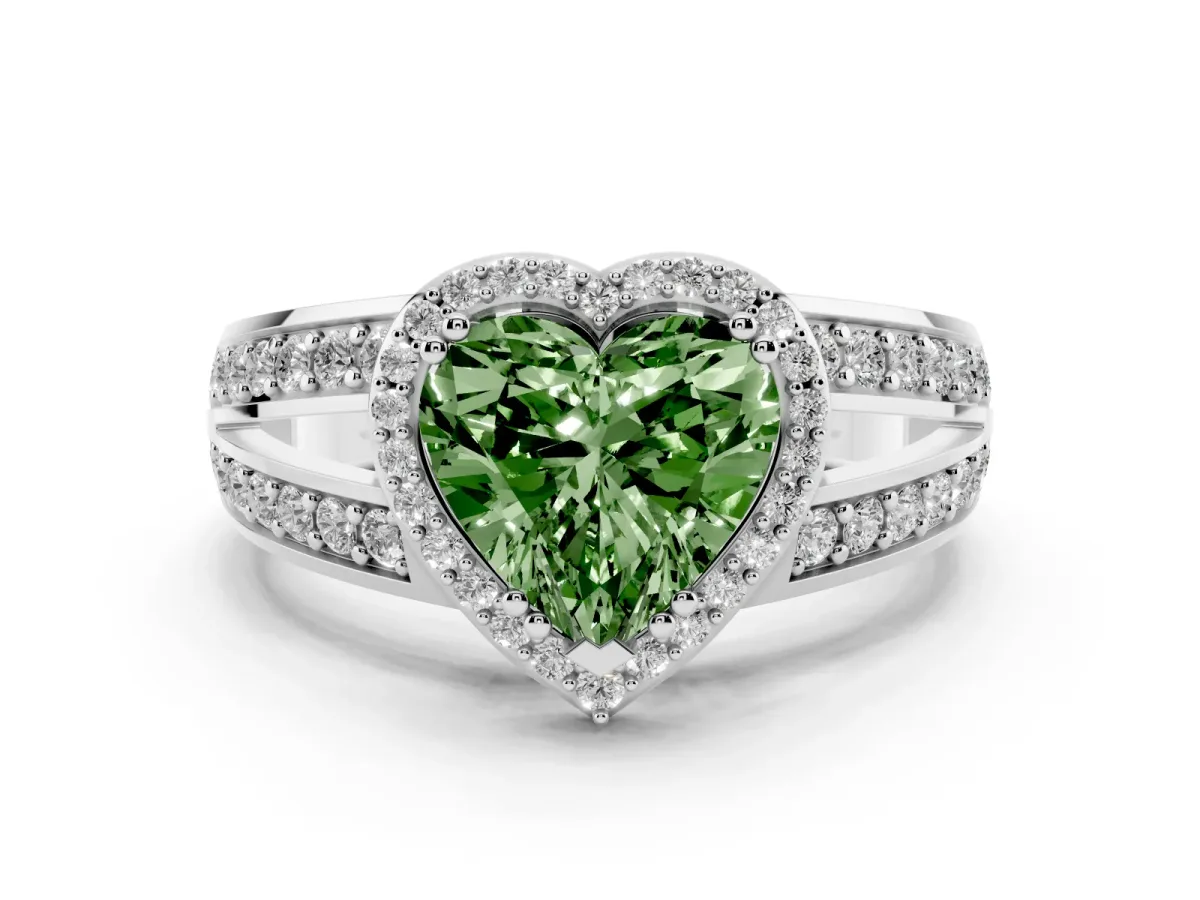 Fancy Green Heart Cut Diamond Halo Ring with Split Shank Pavé Band and Four-Prong Setting Platinum