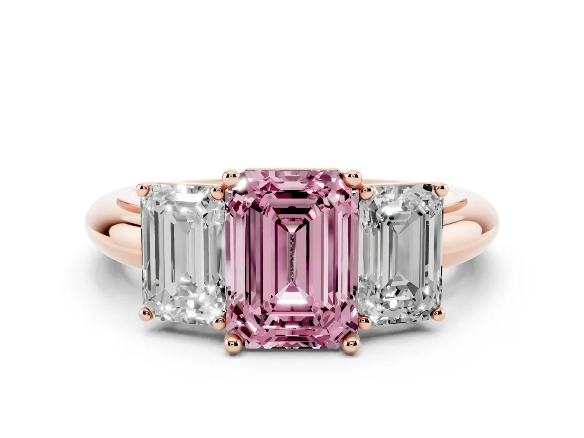 Fancy Pink Three-Stone Emerald Cut Cut Diamond Engagement Ring with Prong Setting on a White Gold Band Rose gold