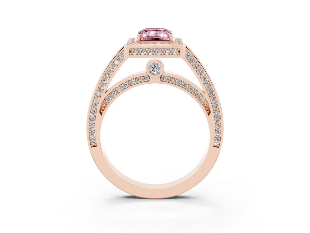 Fancy Pink Emerald Cut Cut Halo Pave Split Shank Prong Setting Ring Rose gold