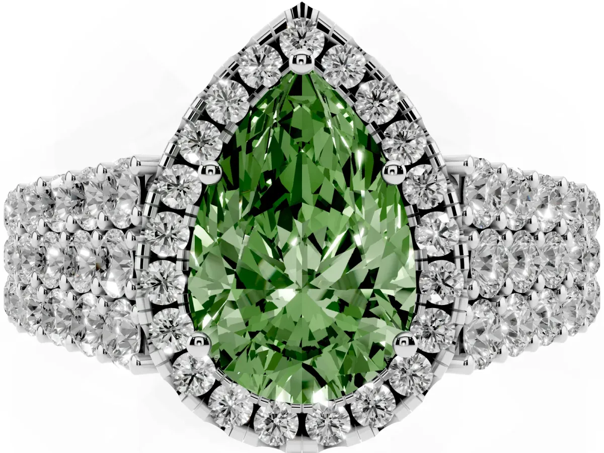 Fancy Green Pear Cut Diamond Halo Engagement Ring with Triple Row Round Pavé Band and Prong Setting Silver