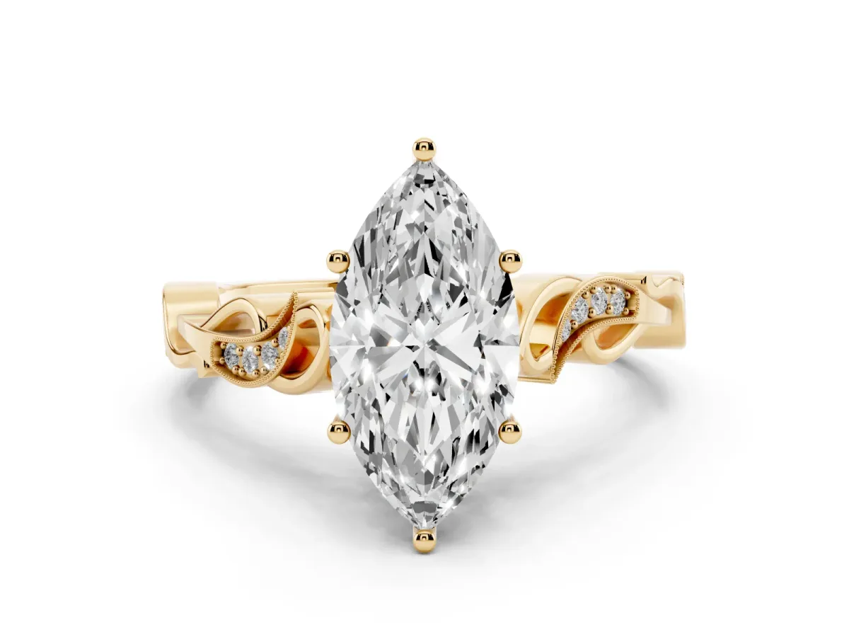 Marquise Cut Solitaire Vine Band with Milgrain Prong Setting Yellow gold